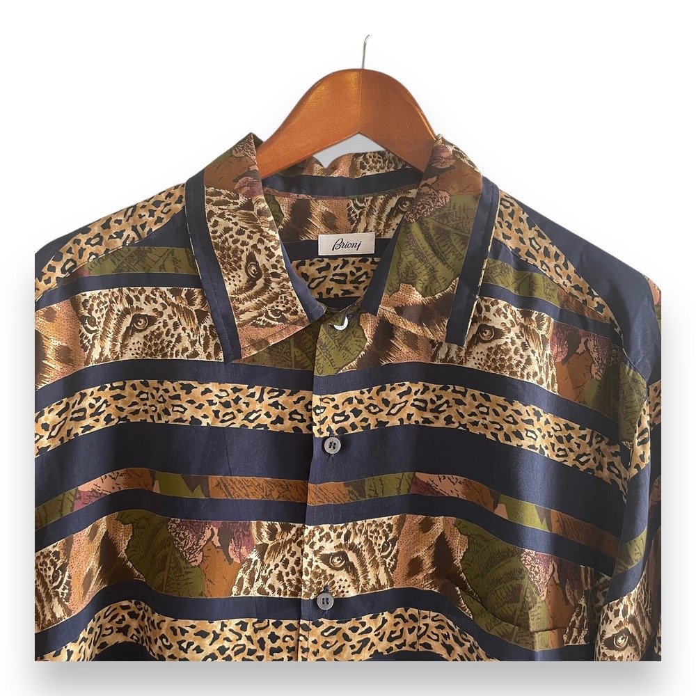 Brioni Men's XL Rayon Short Sleeve Button Down Shirt Leopard Print Stripe Italy